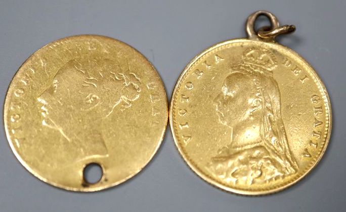 Two Victoria gold half sovereigns including 1887, one drilled and one now with pendant mount,